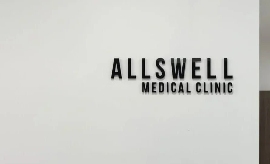 Allswell Medical Clinic 3D acrylic signage showing clinic name in a clean and modern style