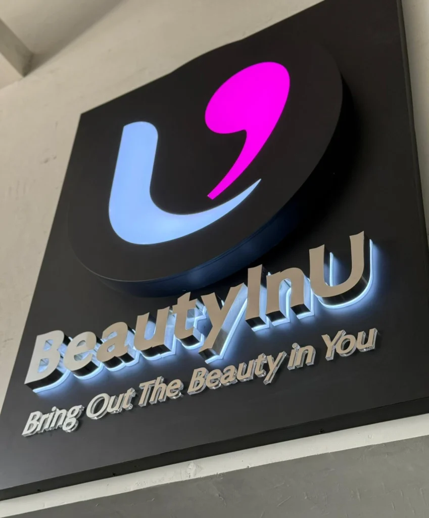 Box-up signage for BeautyInU with modern branding and clean finish