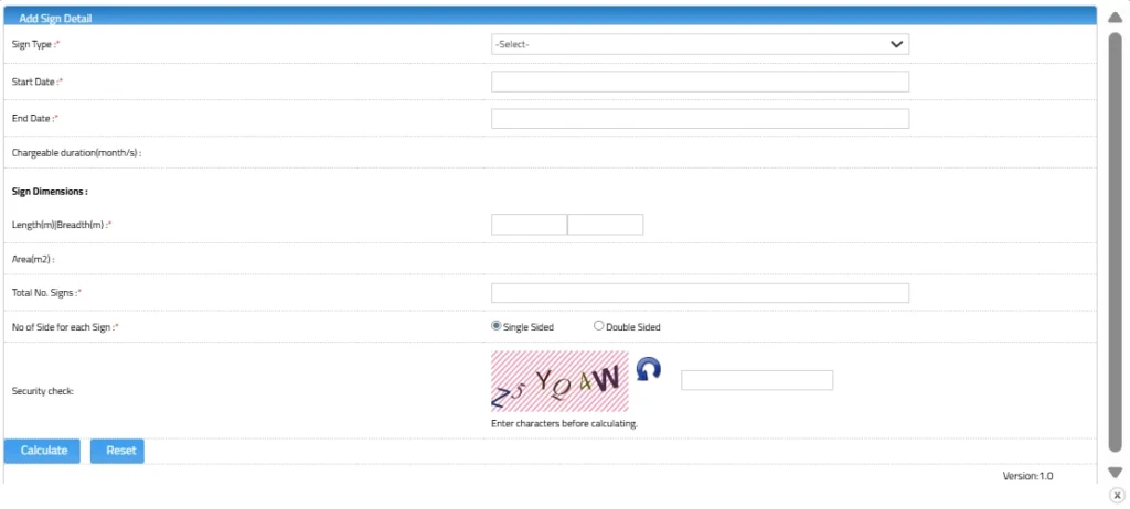 Online application form interface for calculating outdoor signboard licence fees based on dimensions and dates.