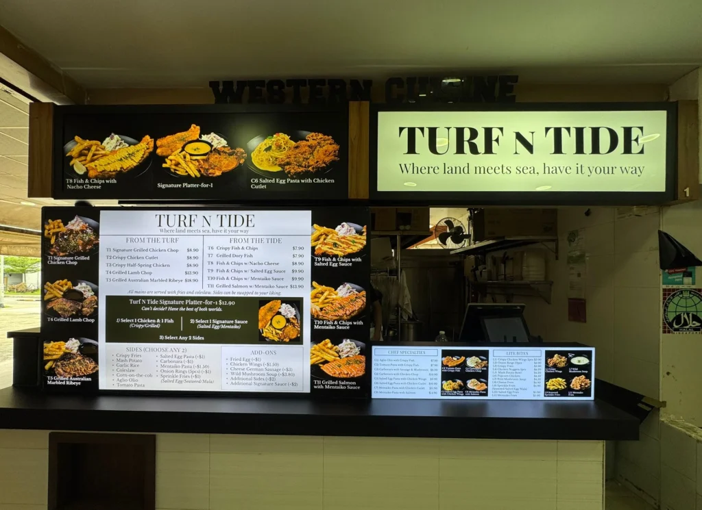 Illuminated lightbox signage and menu boards for Turf N Tide western cuisine stall