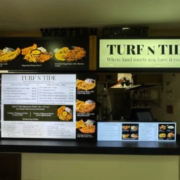 Illuminated lightbox signage and menu boards for Turf N Tide western cuisine stall