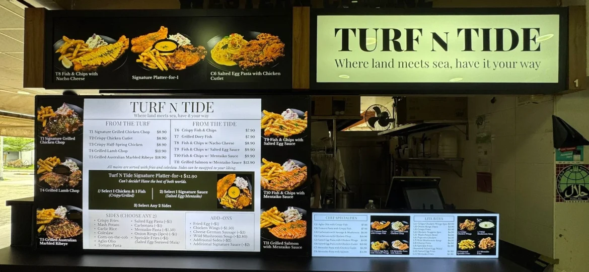 Illuminated lightbox signage and menu boards for Turf N Tide western cuisine stall