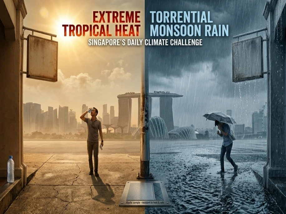 Singapore's tropical climate challenges for outdoor signage, contrasting intense sun and heavy rain