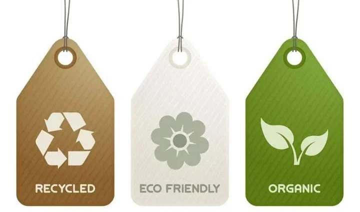 Tags with "RECYCLED", "ECO FRIENDLY", and "ORGANIC" labels