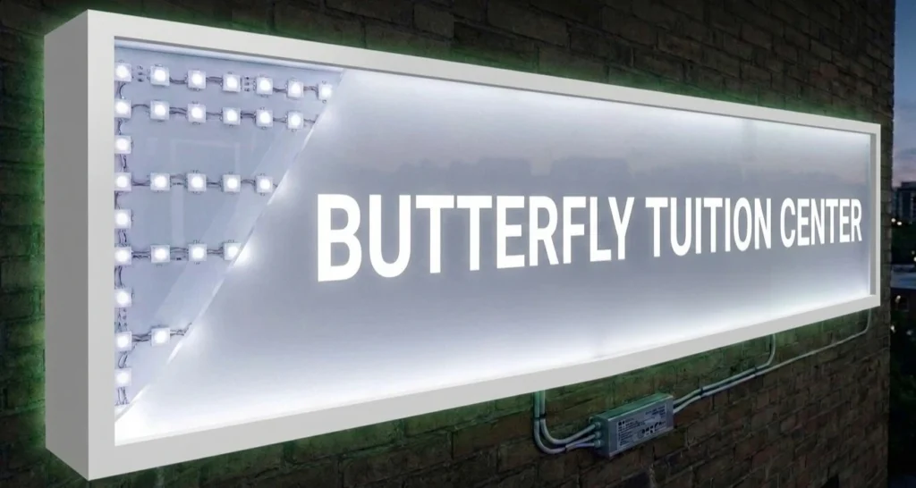 The rectangular LED signboard with a cutaway section on the left revealing rows of internal LED lighting modules.