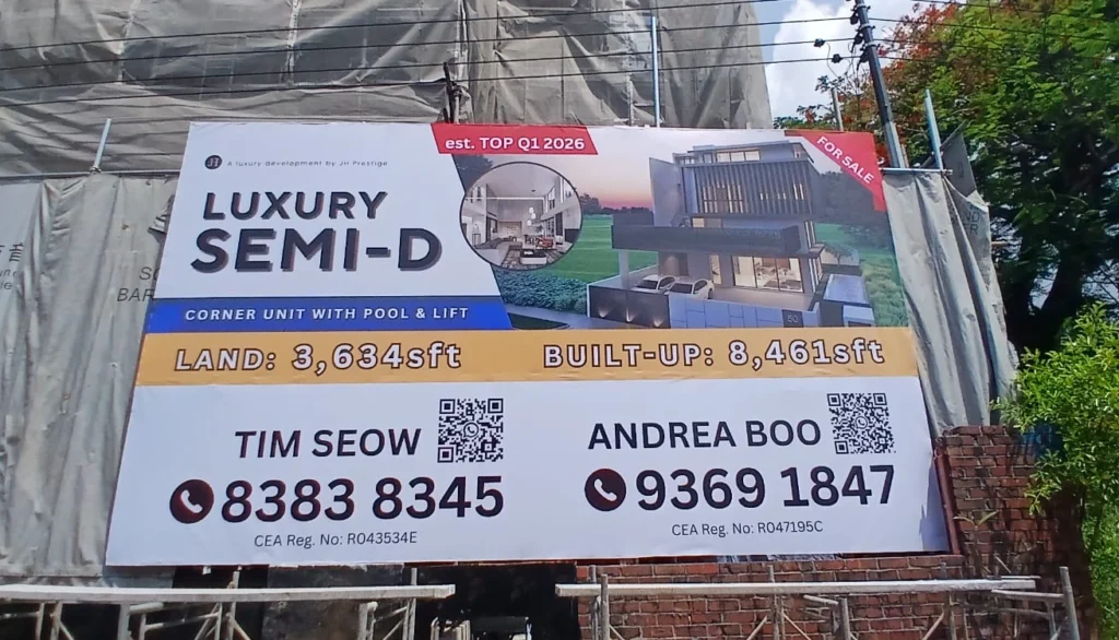 A large format printing banner about JH Prestige luxury semi-detached housing.