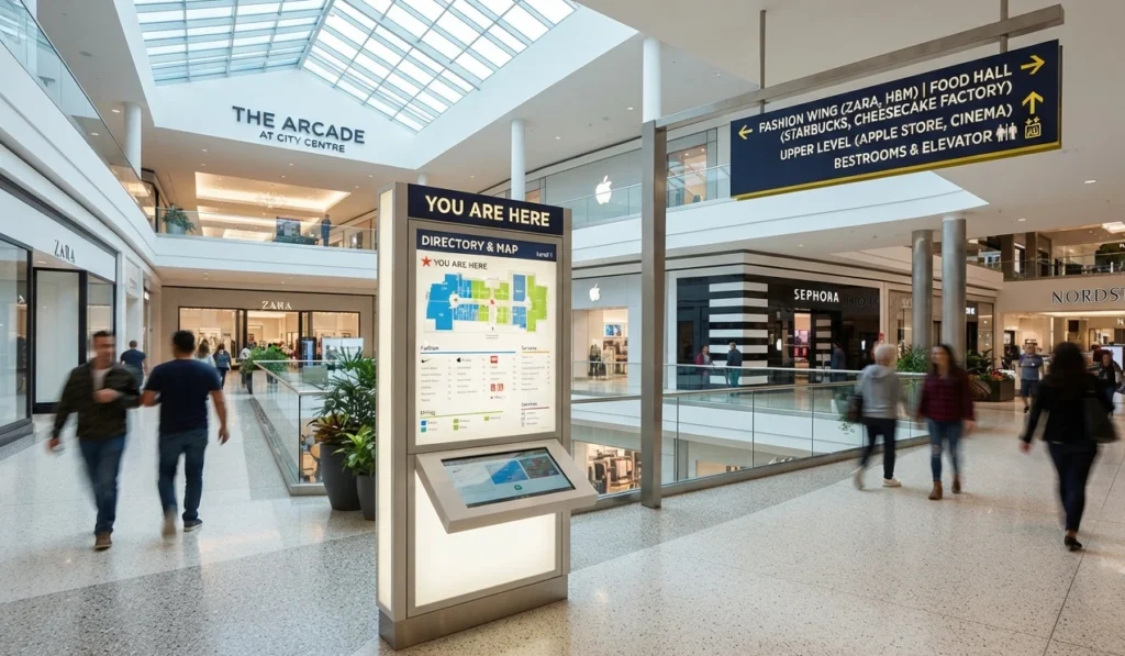 The shopping center features directory and map kiosks, as well as signs pointing to major retail stores and facilities.