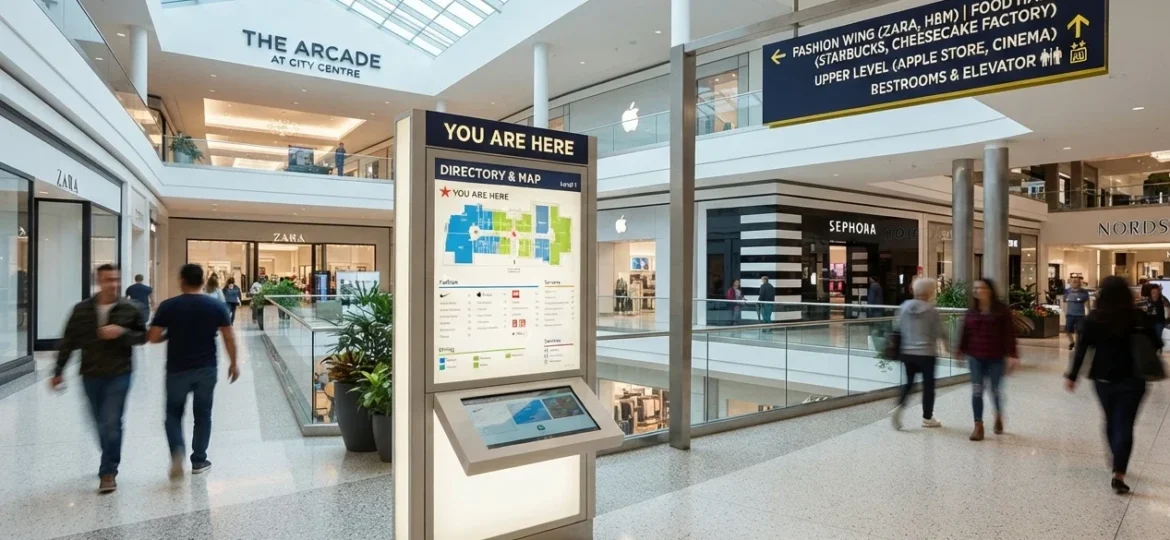 The shopping center features directory and map kiosks, as well as signs pointing to major retail stores and facilities.