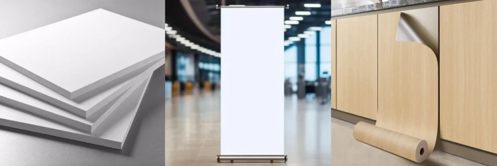 Image of stacked white PVC foam boards, a blank white pull-up display banner, and a roll of self-adhesive vinyl wrap being applied to a cabinet
