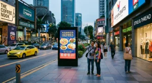 Outdoor digital display kiosk showing advertisements on a city sidewalk next to storefronts.