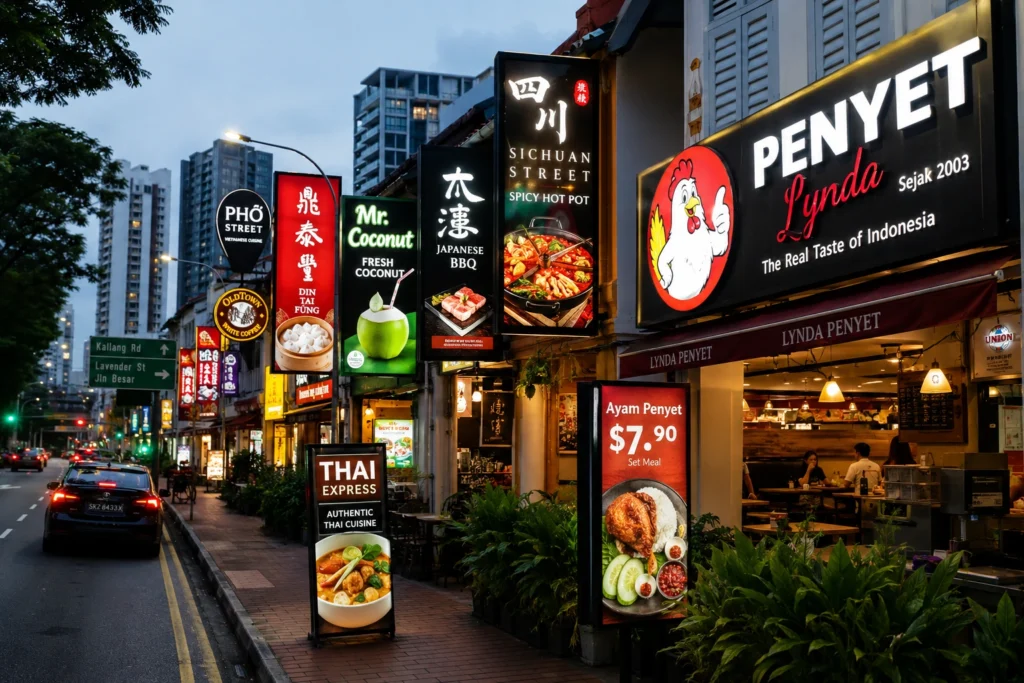 A row of brightly lit restaurant signboards along a shophouse street in Singapore