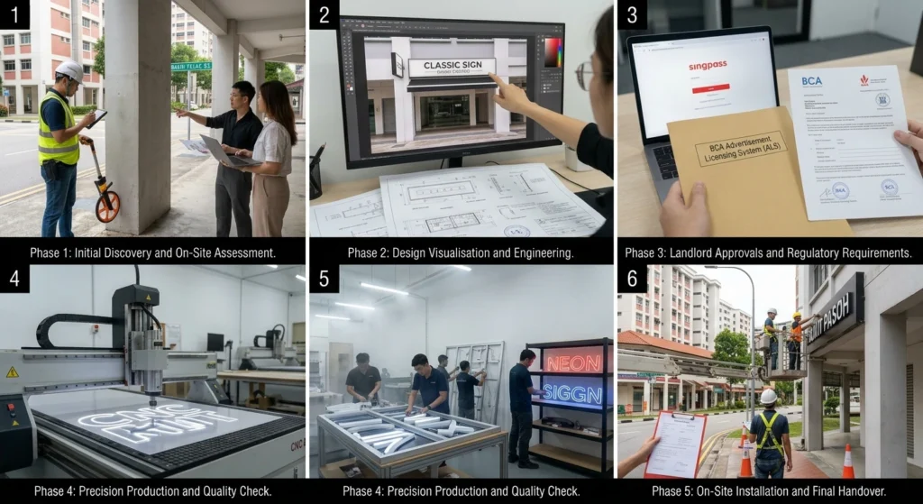 A graphic detailing the five-phase signage production process