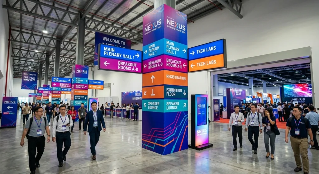 Colorful pillar wrap display with directional signage indicating halls and rooms at a convention hall.