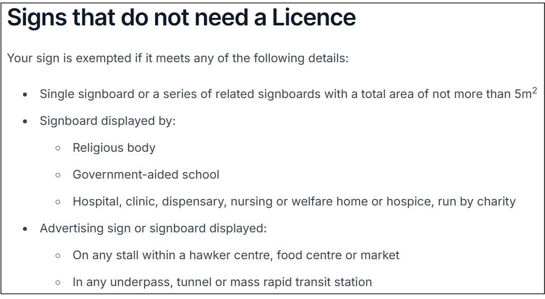 BCA signboard license exemption criteria, including size limits and specific display locations