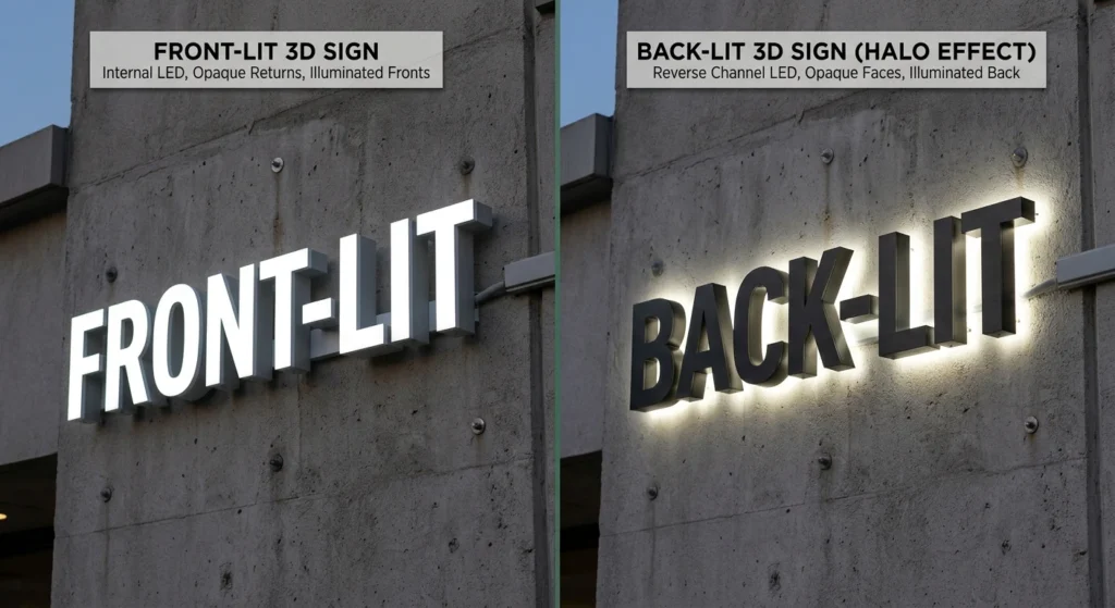 A comparison showing a front-lit sign with illuminated face letters and a back-lit sign with a halo-effect glow