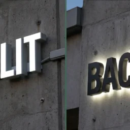 A comparison showing a front-lit sign with illuminated face letters and a back-lit sign with a halo-effect glow